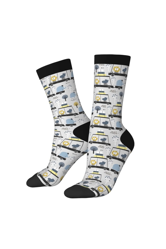 Lion Hippo Elephant On The Car Pattern Sport Socks for Women and Men Crew Socks Sporty Calf Socks Casual Socks