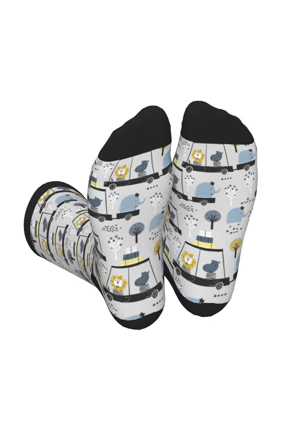 Lion Hippo Elephant On The Car Print Crew Socks for Men and Women, Men's Soft Moisture-wicking Sock