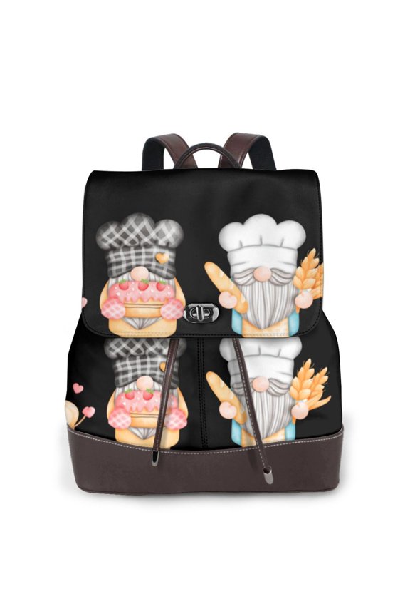 Little Chef Gnome Print Large Backpack Soft Leather for Women Travel with Compartment, Adjustable Convertible Strap