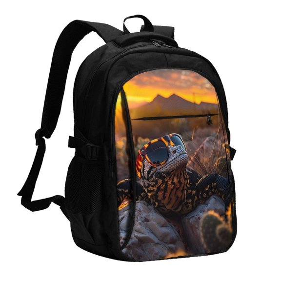 Xecao Lizard With Sunglasses Sunset for Travel Laptop Backpack, USB-Charging-Enabled, Spacious Business Backpack for Men and Women,College School Computer Bag