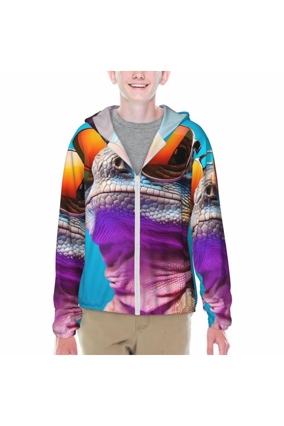 Lizard With Sunglasses Colorful Print Fishing Shirts for teenager Long Sleeve UV Sun Protection Hoodie with Zipper Outdoor Hiking Shirts-Medium