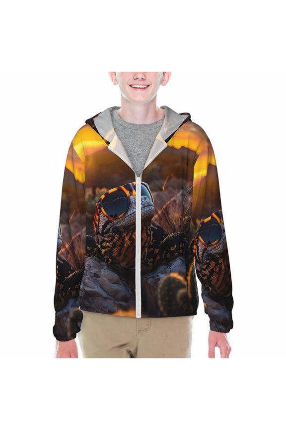 Lizard With Sunglasses Sunset Print Fishing Shirts for teenager Long Sleeve UV Sun Protection Hoodie with Zipper Outdoor Hiking Shirts-Large