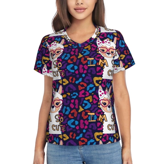 Xecao Llama Alpaca for Women's V-Neck T-Shirts-Elegant Half-Sleeve Tops Perfect for Summer-X-Large