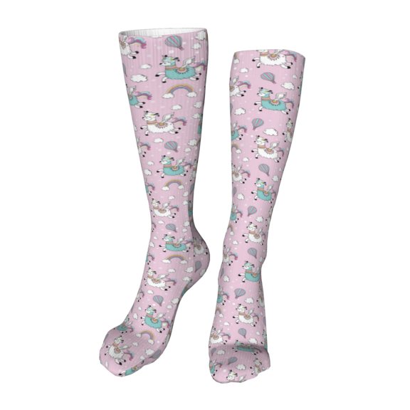 Xecao Llama Unicorn and Rainbow Print Calf Socks Seamless Toe, Knee High Long Socks, Sports Socks Trouser Socks for Women and Men-One Size