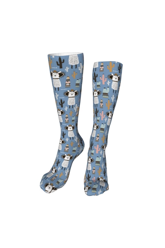 Llamas And Cactus Print Calf Socks Seamless Toe, Knee High Long Socks, Sports Socks Trouser Socks for Women and Men-One Size