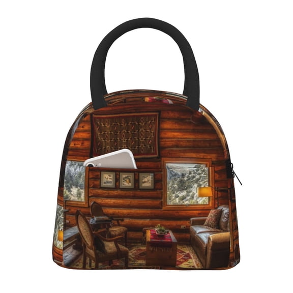 Xecao Log Cabin Inside Lunch Bag , an insulated, reusable tote bag perfect for adults of all genders, ideal for work, office, picnics and beach trips