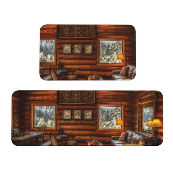 Xecao Log Cabin Inside Patten Kitchen Rugs and Mats Sets,2 Pieces Non-Slip Washable Rugs, Kitchen Mat for Floor,Suit for Kitchen Decor and Accessories