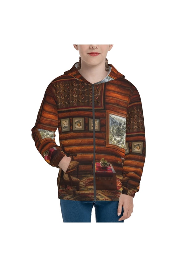 Log Cabin Inside Pattern Zip Up Hoodies for Boys Girls, Sweatshirt with Pockets-Medium