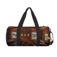thumbnail image 1 of Xecao Log Cabin Inside print Round Travel Duffel Bag is a foldable gym bag with an inner pocket, perfect for travel sports, 1 of 8