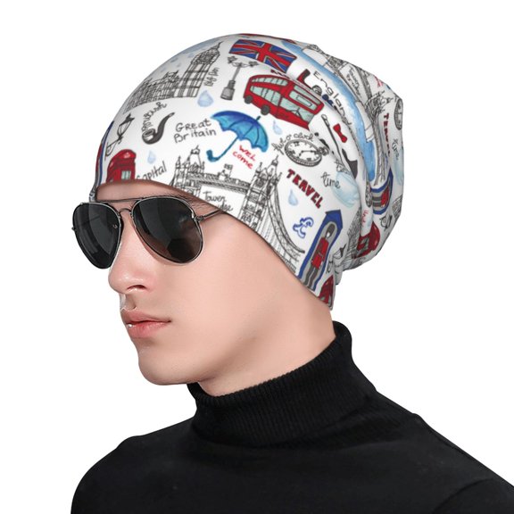Xecao London Landmark2 Print Beanie Knitted Hat for Men Women, Winter Fashion Knit Cuffed Caps Unisex