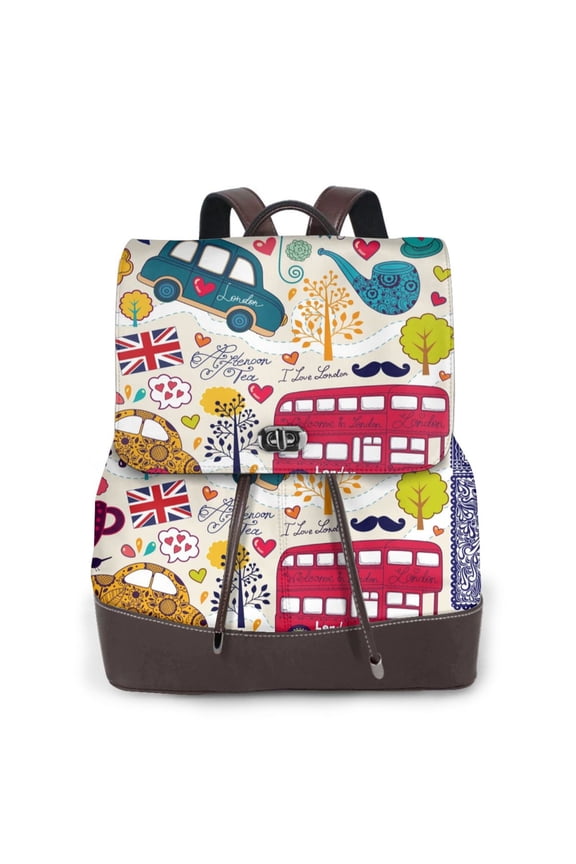 London Symbols Print Large Backpack Soft Leather for Women Travel with Compartment, Adjustable Convertible Strap