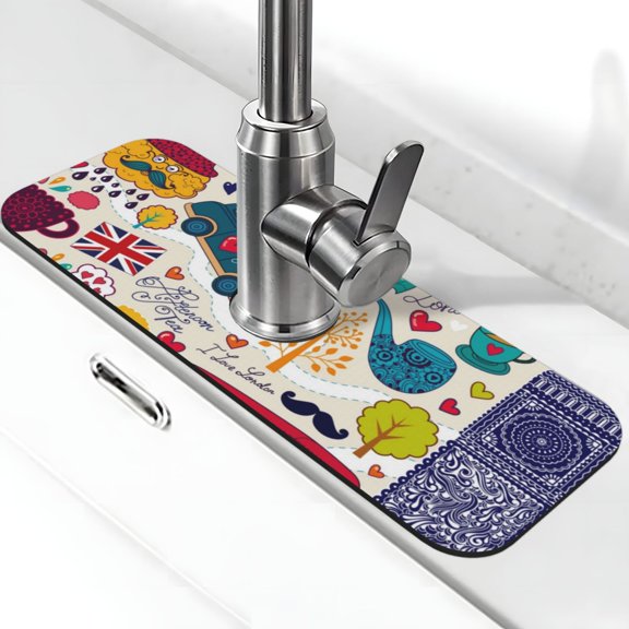 Xecao London Symbols for Kitchen Sink Splash Guard Faucet Mat , Faucet Guard & Draining mat, (15" X 5.5" )