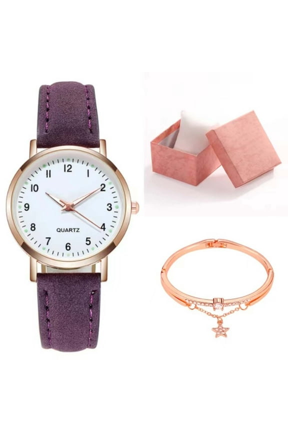 Women’s Quartz Watch Vintage Round Dial Luminous Arabic Numerals Leather Strap Retro Small Wrist Watch with Bracelet Gift Box for Daily Wear Office Party