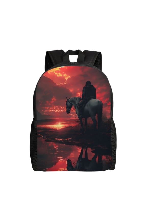 Lone Rider Under Red Sky Print School Backpack with Laptop Compartment Small Travel Laptop Backpack for Women Men Waterproof College Backpack Simple School Bag