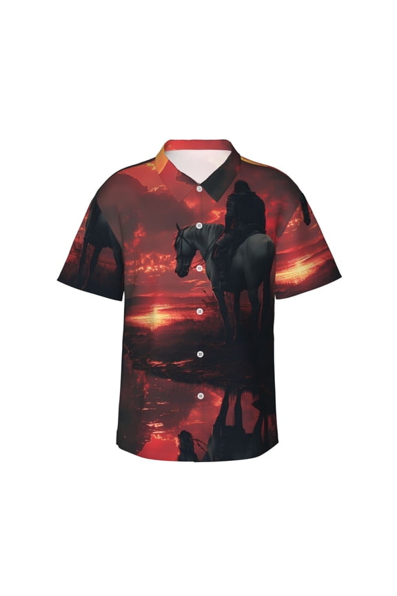 Lone Rider Under Red Sky Print Hawaiian shirt - A Stylish Short-Sleeve Button-Down for Men, Perfect for Casual Beach and Tropical Outings.,Medium