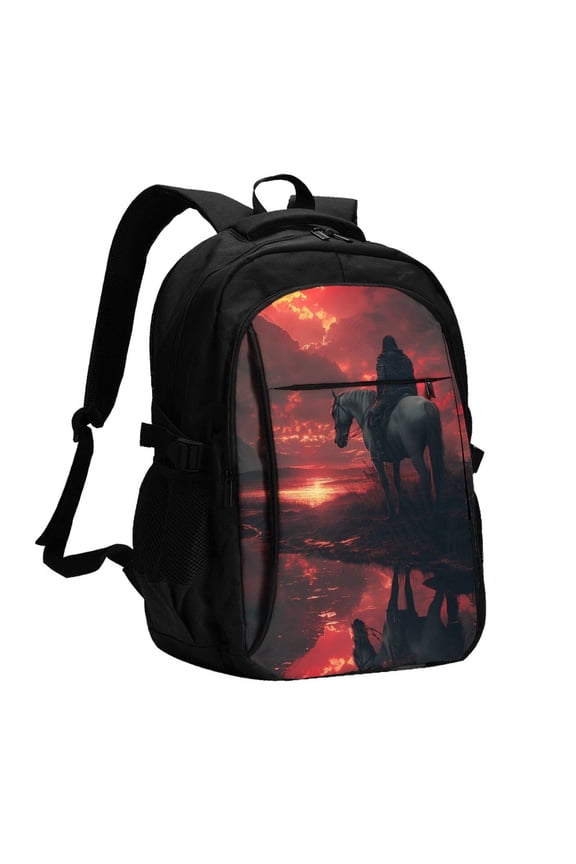 Lone Rider Under Red Sky for Travel Laptop Backpack, USB-Charging-Enabled, Spacious Business Backpack for Men and Women,College School Computer Bag