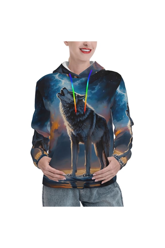 Lonely Night Sky Wolf Pattern Hoodies for Women Sweatshirts Long Sleeve Sweatshirts Pullover Outfits with Pocket-