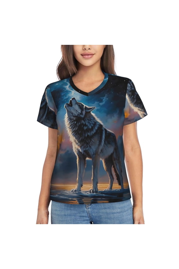 Lonely Night Sky Wolf for Women's V-Neck T-Shirts-Elegant Half-Sleeve Tops Perfect for Summer-X-Large