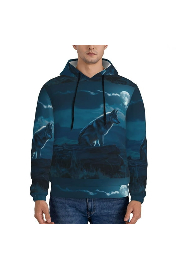 Lonely Night Wolf Pattern Men's Adult Pullover Hoodie,Hooded Sweatshirt-X-Large