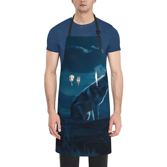 Xecao Lonely Night Wolf Print Kitchen Cooking Aprons, Waterproof Adjustable Bib Aprons with 2 Pockets for Women Men Chef