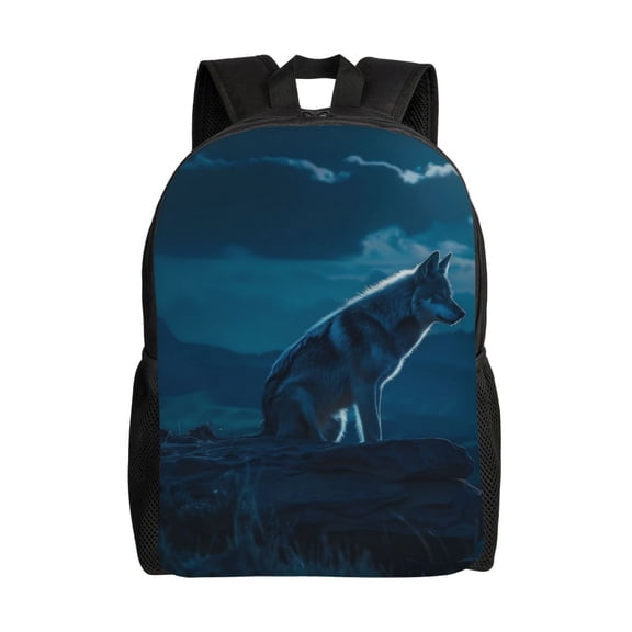 Xecao Lonely Night Wolf Print School Backpack with Laptop Compartment Small Travel Laptop Backpack for Women Men Waterproof College Backpack Simple School Bag