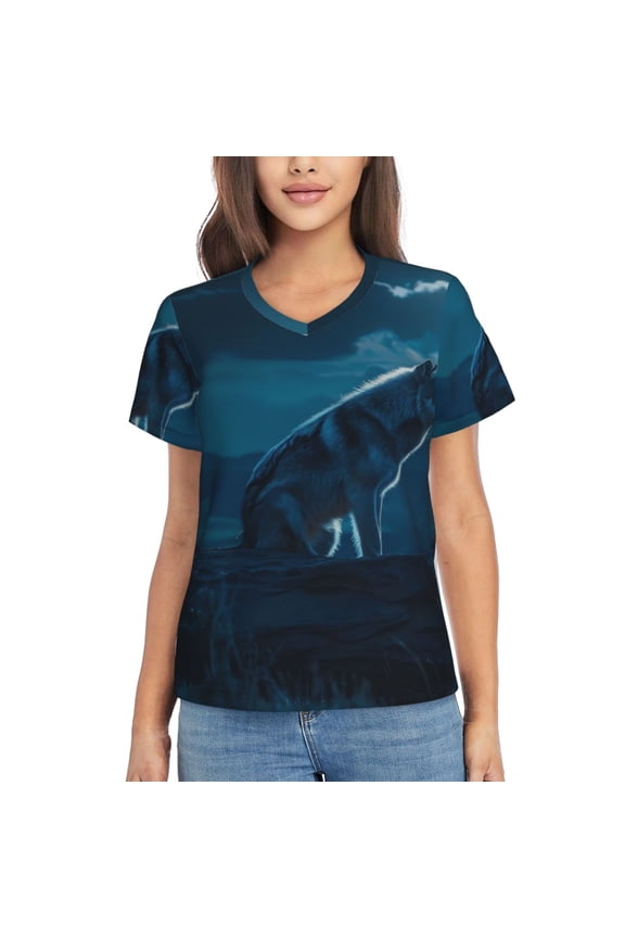 Lonely Night Wolf for Women's V-Neck T-Shirts-Elegant Half-Sleeve Tops Perfect for Summer-3X-Large