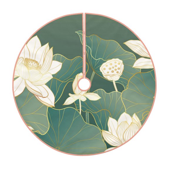 Xecao Lotus Golden Line Pattern Christmas Tree Skirt Round Xmas Tree Mat Base Cover for Holiday Home Decorations-30"