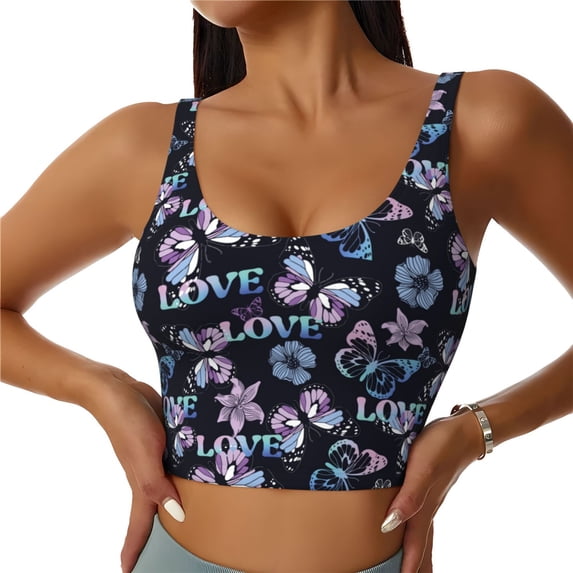 Xecao Love Butterflies for Sports Bra with Removable Pads, Crop Tank Top Design, Women's Longline Sports Bra - Non-Wired - Small