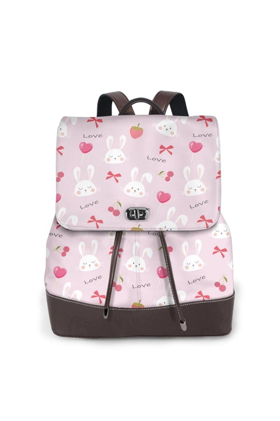 Love Rabbit Print Large Backpack Soft Leather for Women Travel with Compartment, Adjustable Convertible Strap