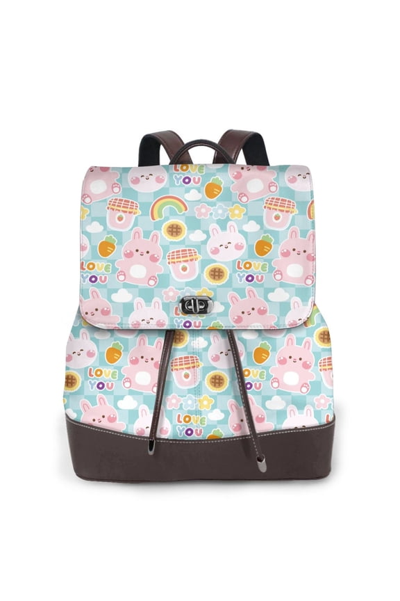 Love You Rabbit Print Large Backpack Soft Leather for Women Travel with Compartment, Adjustable Convertible Strap
