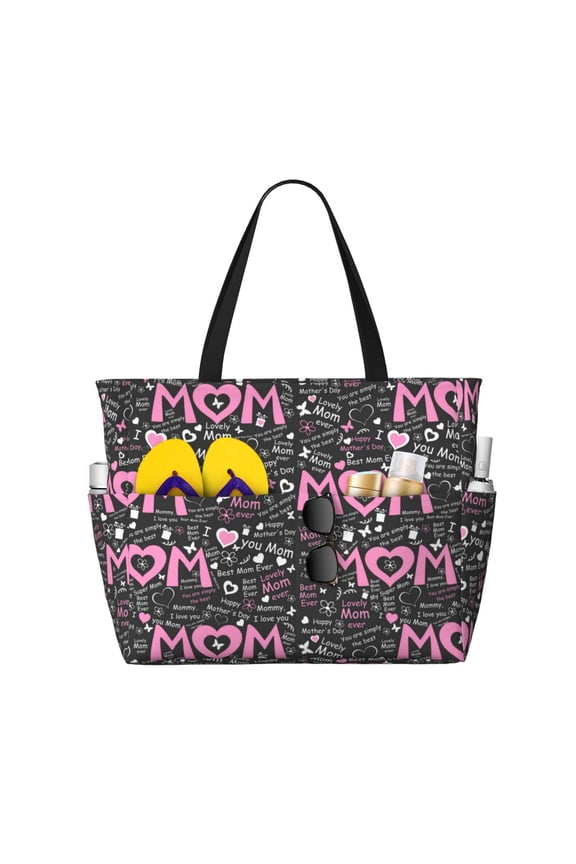 Lovely Mom Ever for versatile beach bag for women includes zipper pockets and waterproof material, ideal for vacations and adventures.