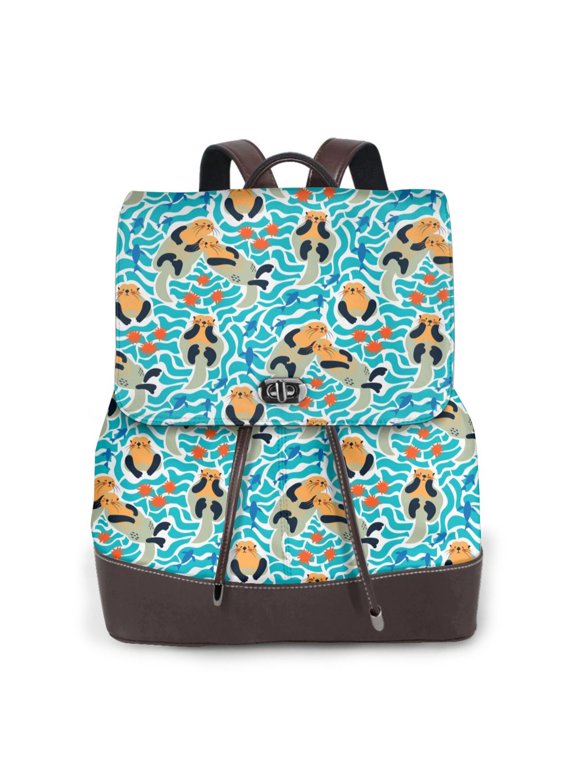 Lovely Sea Otters Print Large Backpack Soft Leather for Women Travel with Compartment, Adjustable Convertible Strap