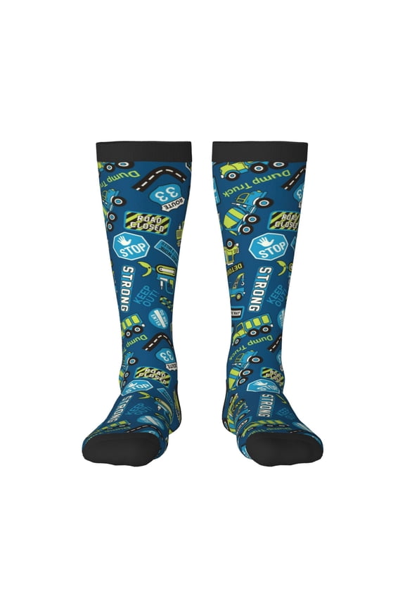 Machinery Road Construction print thigh-high socks, crafted for both men and women with a stretchy, high-opaque design perfect for daily wear