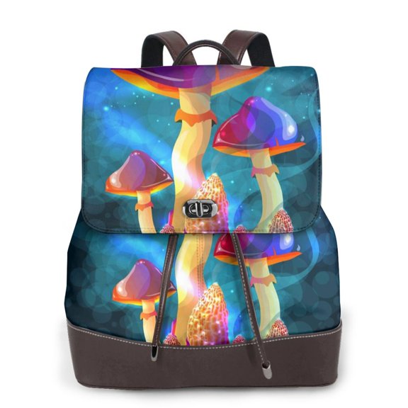 Xecao Magic Mushrooms ,Fireflies Print Large Backpack Soft Leather for Women Travel with Compartment, Adjustable Convertible Strap