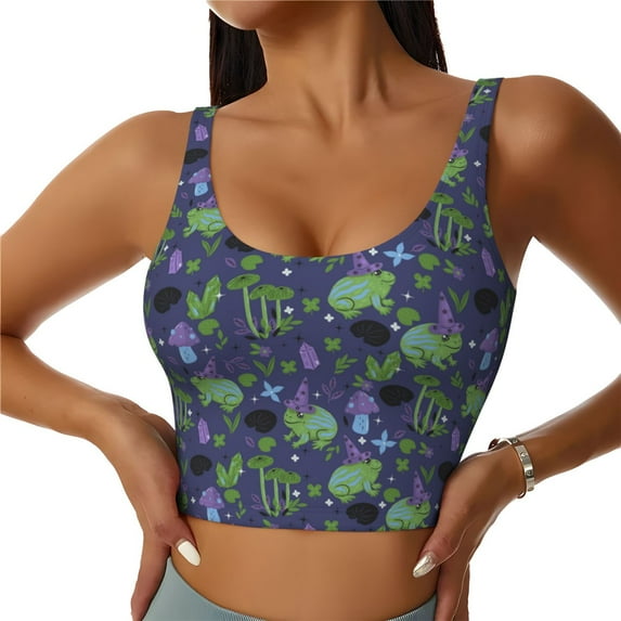 Xecao Magic Toads in Hats for Sports Bra with Removable Pads, Crop Tank Top Design, Women's Longline Sports Bra - Non-Wired - Large