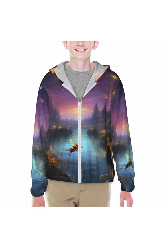 Magical Bees Twilight River Print Fishing Shirts for teenager Long Sleeve UV Sun Protection Hoodie with Zipper Outdoor Hiking Shirts-Large