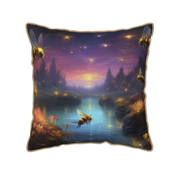 Xecao Magical Bees Twilight River Print Soft Velvet Decorative Throw Pillow Covers, Square Cushion Cases for Bed, Sofa, Living Room, Car, and Indoor Outdoor Use-16"x16"