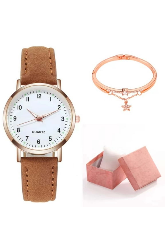 Women’s Quartz Watch Vintage Round Dial Luminous Arabic Numerals Leather Strap Retro Small Wrist Watch with Bracelet Gift Box for Daily Wear Office Party