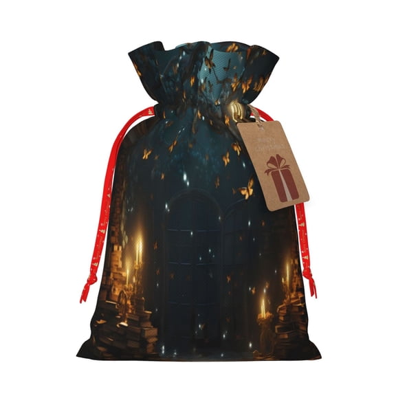 Xecao Magical Library Butterfly Night Print Burlap Gift Bags with Drawstring and Gift Tags, Gift Bags, Burlap Bags, Jute Bags for Party, Christmas, DIY Craft Bags-Small