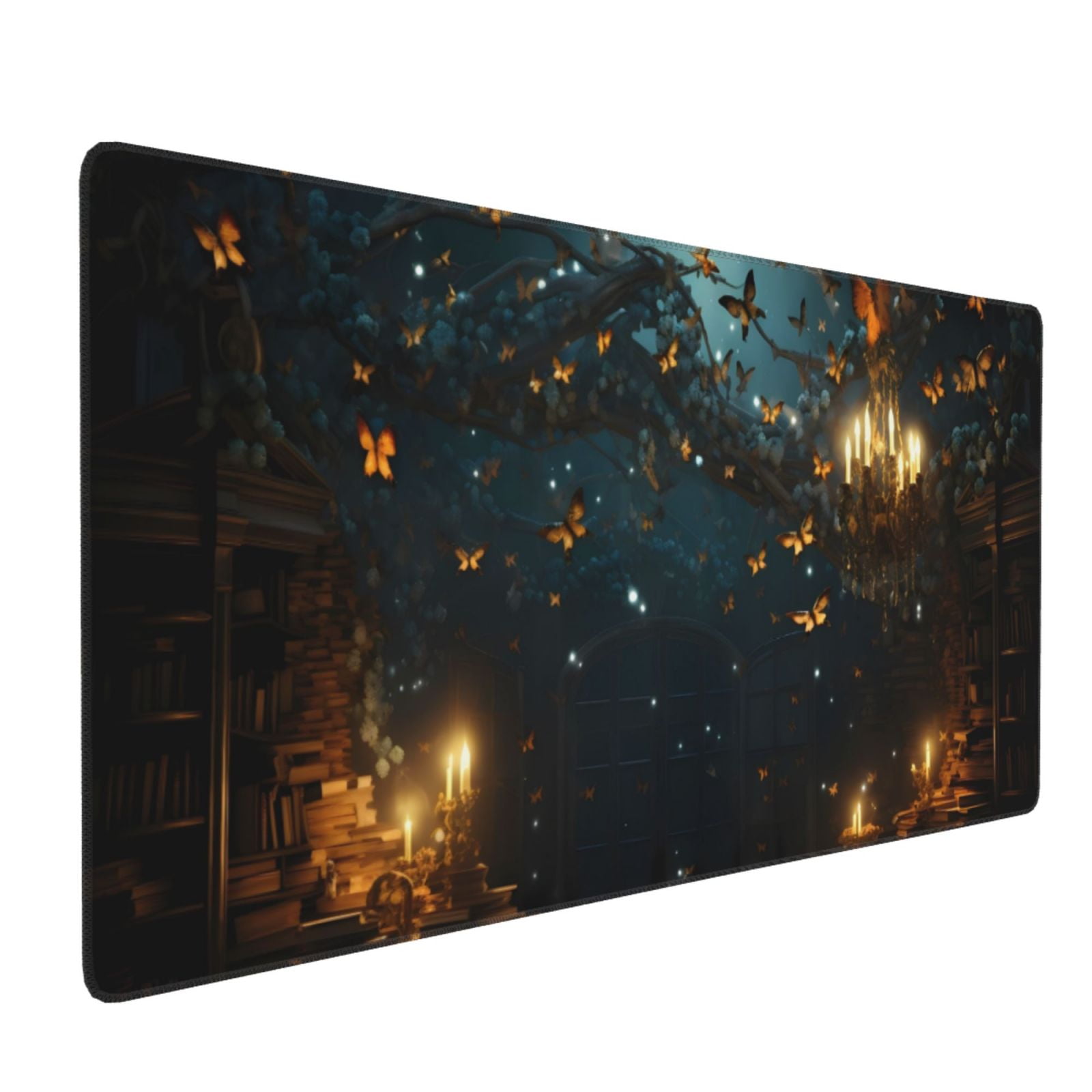 Xecao Magical Library Butterfly Night Print Large Mouse Pad, 16x35.5in Mousepad, Professional Non-Slip Rubber Base Big Mouse Pad, Mouse Pad for Gaming & Office Full Desk Mouse Pad