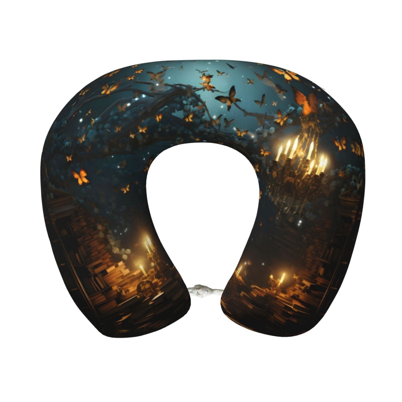 Xecao Magical Library Butterfly Night Print Memory Foam Cervical Neck Pillow Versatile U-Shaped Pillows for Home,Office,Camping,Travelling,Soft Washable Cover