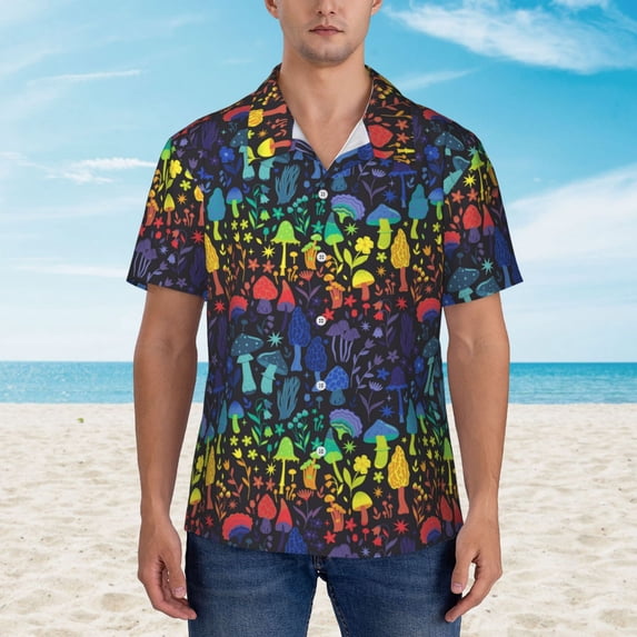 Xecao Magical Mushrooms and Flowers print Hawaiian shirt - a stylish short-sleeve button-down for men, perfect for casual beach and tropical outings.