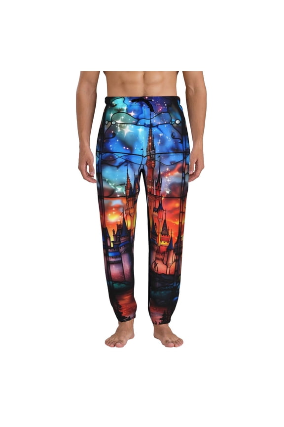 Magical Stained Glass Castle Print Active Tech Joggers for Men, Mens Sweatpants Lounge Pants with Pockets-3X-Large