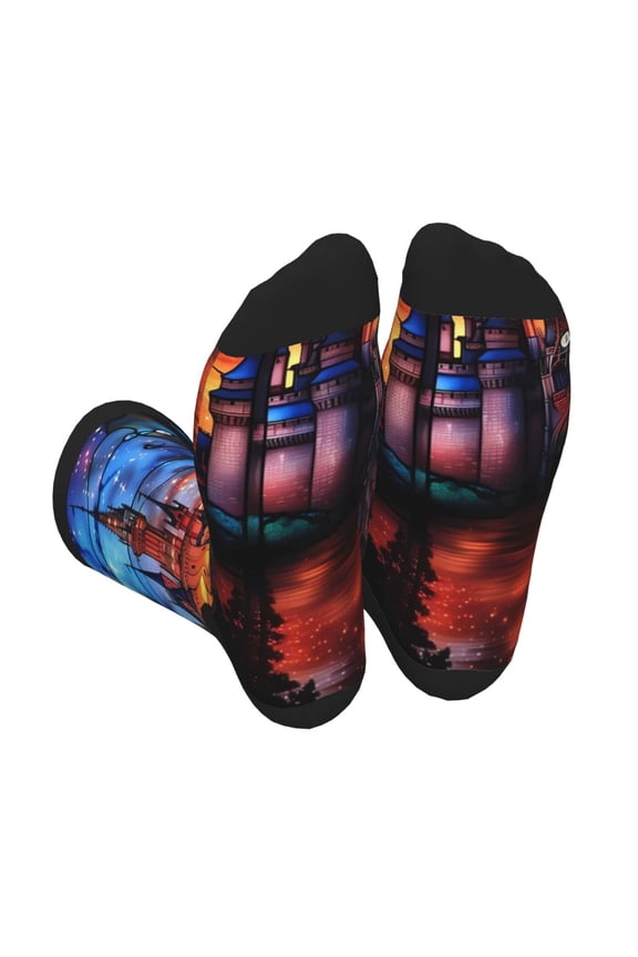 Magical Stained Glass Castle Print Crew Socks for Men and Women, Men's Soft Moisture-wicking Sock