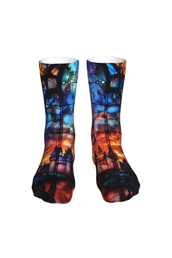 Magical Stained Glass Castle Print Fashion No Heel Casual Crew Socks Cushioned Breathable for Men Women - Moisture wicking,Not easy to fade Suitable for daily