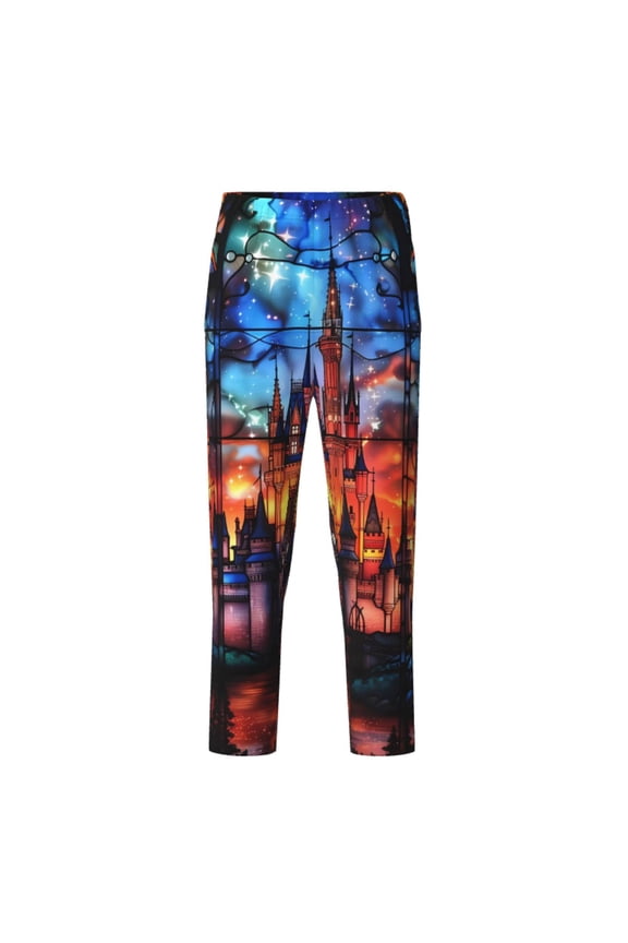 Magical Stained Glass Castle Print Teenagers' Pajama Pants Long Sleep Pants Soft Elastic Waist Pajama Bottoms Elastic waist with 2 Pockets 5-16 Years-Medium