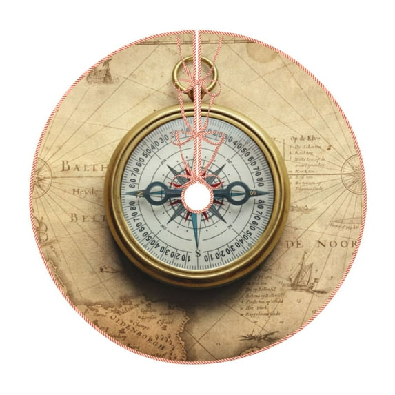 Xecao Magnetic Old Compass On World Map Pattern Christmas Tree Skirt Holiday Part Decorations for Christmas Tree, Farmhouse Christmas Decor Xmas Holiday Home Party Decorations-48"