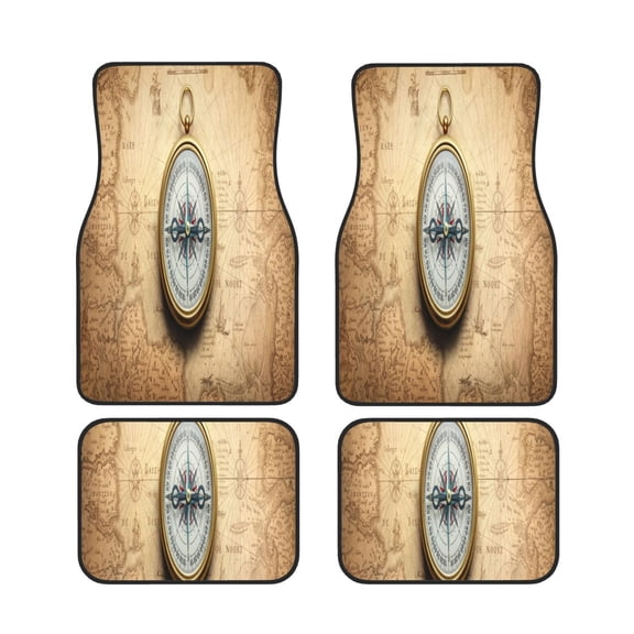 Xecao Magnetic Old Compass On World Map Print Car Foot Mat Set of 4 Pieces Neoprene All-Weather Dust-Proof Stain-resistantCar Interior Decorative mats Non-Slip Mats