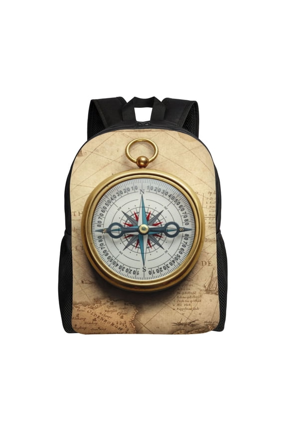Magnetic Old Compass On World Map Print School Backpack with Laptop Compartment Small Travel Laptop Backpack for Women Men Waterproof College Backpack Simple School Bag