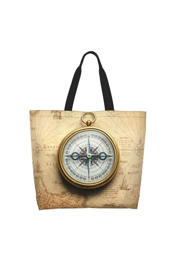 Magnetic Old Compass On World Map for Tote Bag for Women, Tote Shoulder Bag with a littlw pocket and Handbag for Travel, Work